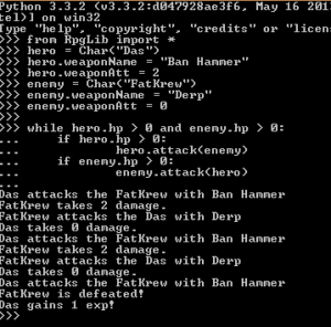 Me playing with the RPG character class i made in python
